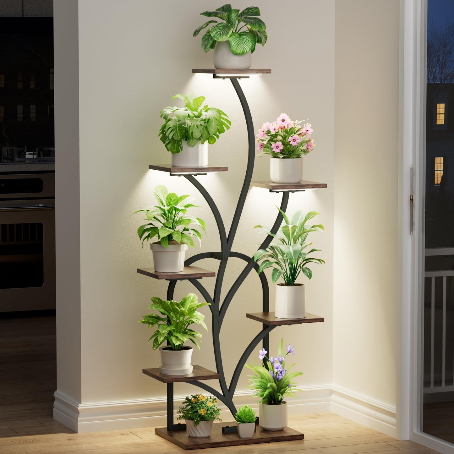 BEVAURORA Plant Stand Indoor with Grow Lights - 51" Tall Plant Stand, Corner Plant Shelf for Indoor Plants, 8 Tiered Lighted Flower Holder, Vase-shaped Plant Rack for Home, Black & Brown