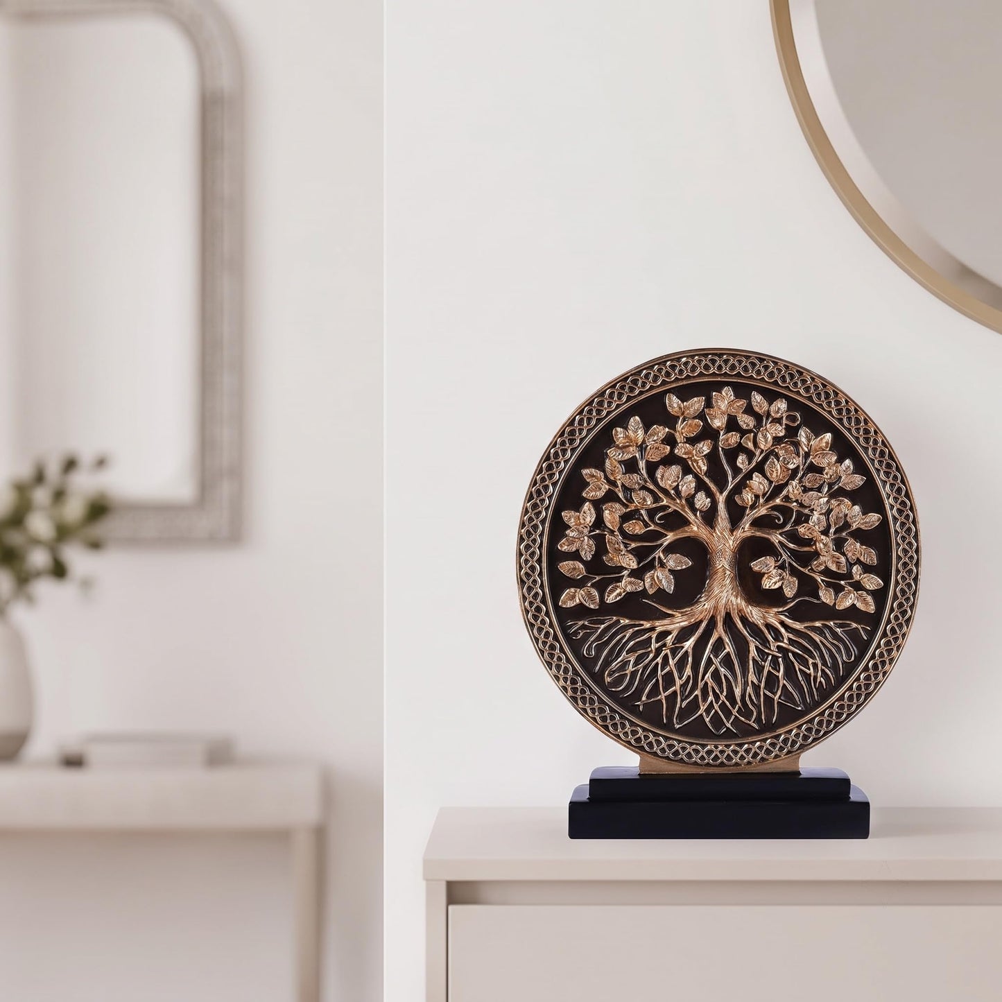 WUBIANJIE Tree of Life Statue Resin Sculpture for Home Decor, Hand Painted Tree Sculpture with Round Relief Design, Decorative Figurine for Living Room Shelf Tabletop Entryway Office