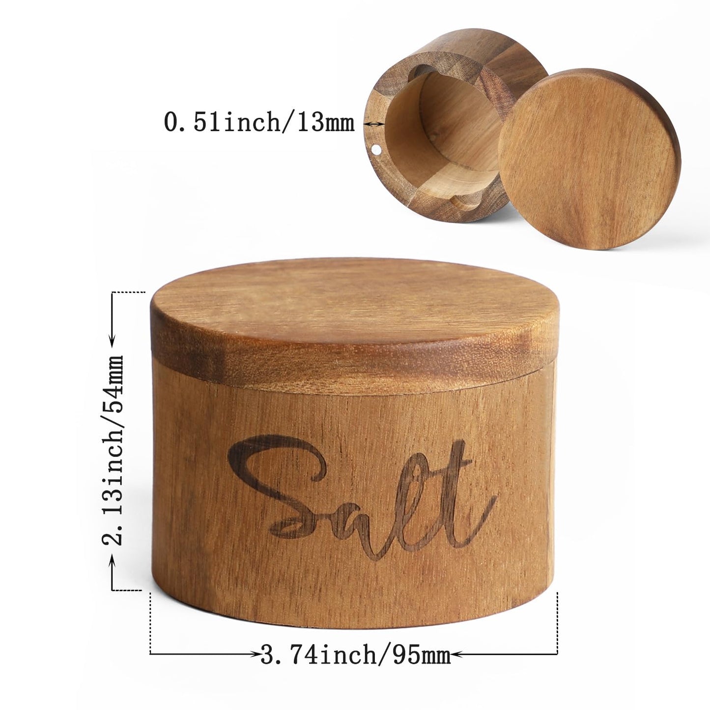 Acacia Wood Spice Box with Swivel Cover for Kitchen Countertop,Salt Keeper with Built-in Spoon,Modern Farmhouse Kitchen Decoror for Storing Seasonings (Labeled Salt & Pepper)