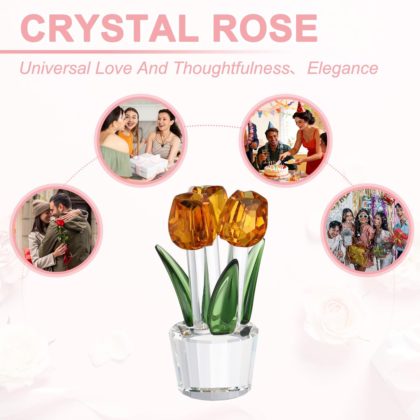 uxcell Crystal Tulips Flower Figurine, Tulips Figurines Flowers Bouquet Ornaments Bouquet Decor Collectible for Birthday Anniversary Wedding Gifts Valentine's Day Gifts, Yellow