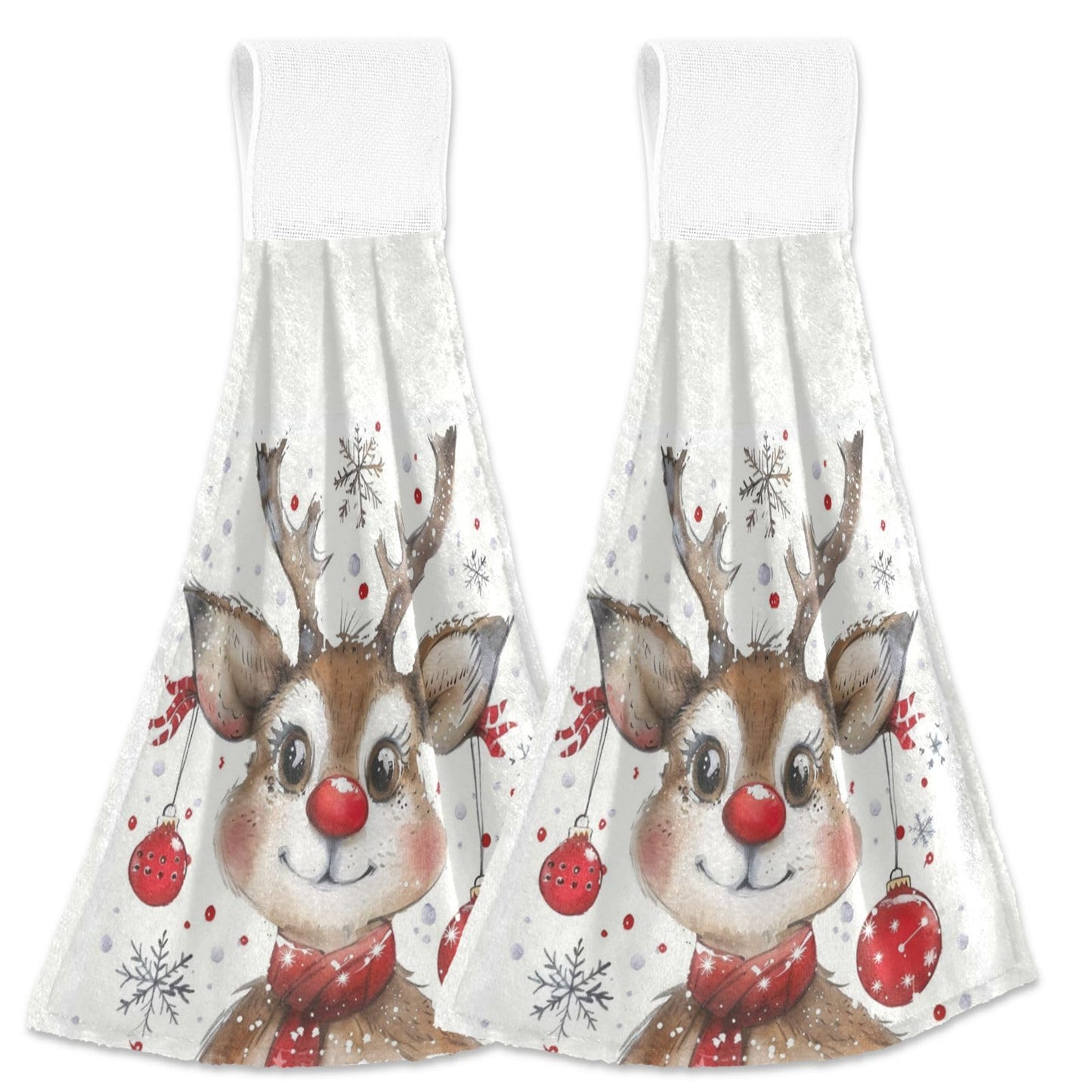Boccsty Winter Cute Reindeer Fingertip Bath Towels 2 Pcs Xmas Snowflake Christmas Ball Animal Deer Hanging Kitchen Hand Towel Absorbent Dish Cloths for Bathroom Farmhouse Tabletop Home Decor