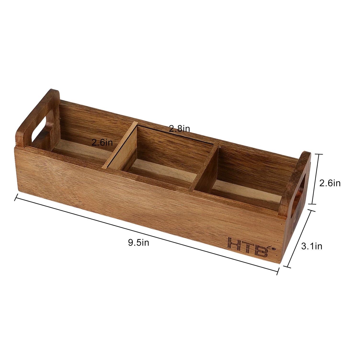 HTB Small Tea Bag Box Wooden, 3 Compartments Acacia Wood Tea Bag Chest with Handle, Mini Countertop Divided Storage Container for Beverage Supplies, Sugar, Sweeteners, Individual Packets
