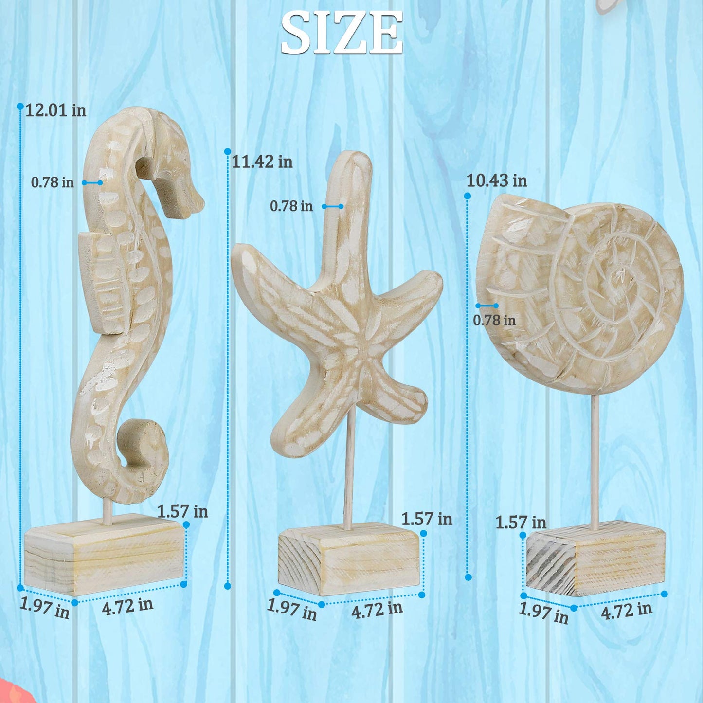 Exttlliy 3pcs Wood Handmade Beach Nautical Style Figurines Starfish/Conch/Seahorse Statue Home Decor Beach Decor Coastal Decor