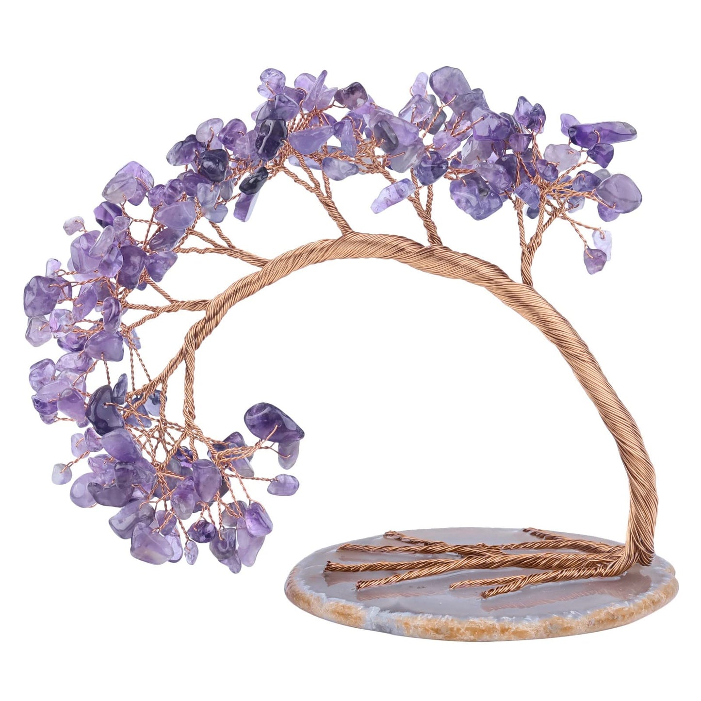 TUMBEELLUWA Reiki Crystal Money Tree with Agate Slice Base Feng Shui Stone Bonsai Tree Figure Decor for Happiness Good Luck and Wealth, Amethyst Stones