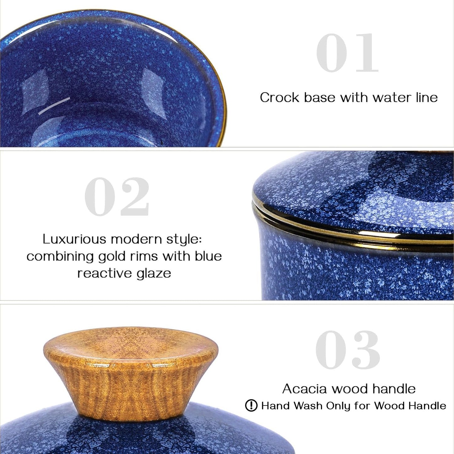 DOWAN French Butter Crock, Ceramic Dish With Lid for Countertop and Fridge, Keeper With Waterline, Flip-Top Container & Spreader, Reactive Glaze Holder, Blue