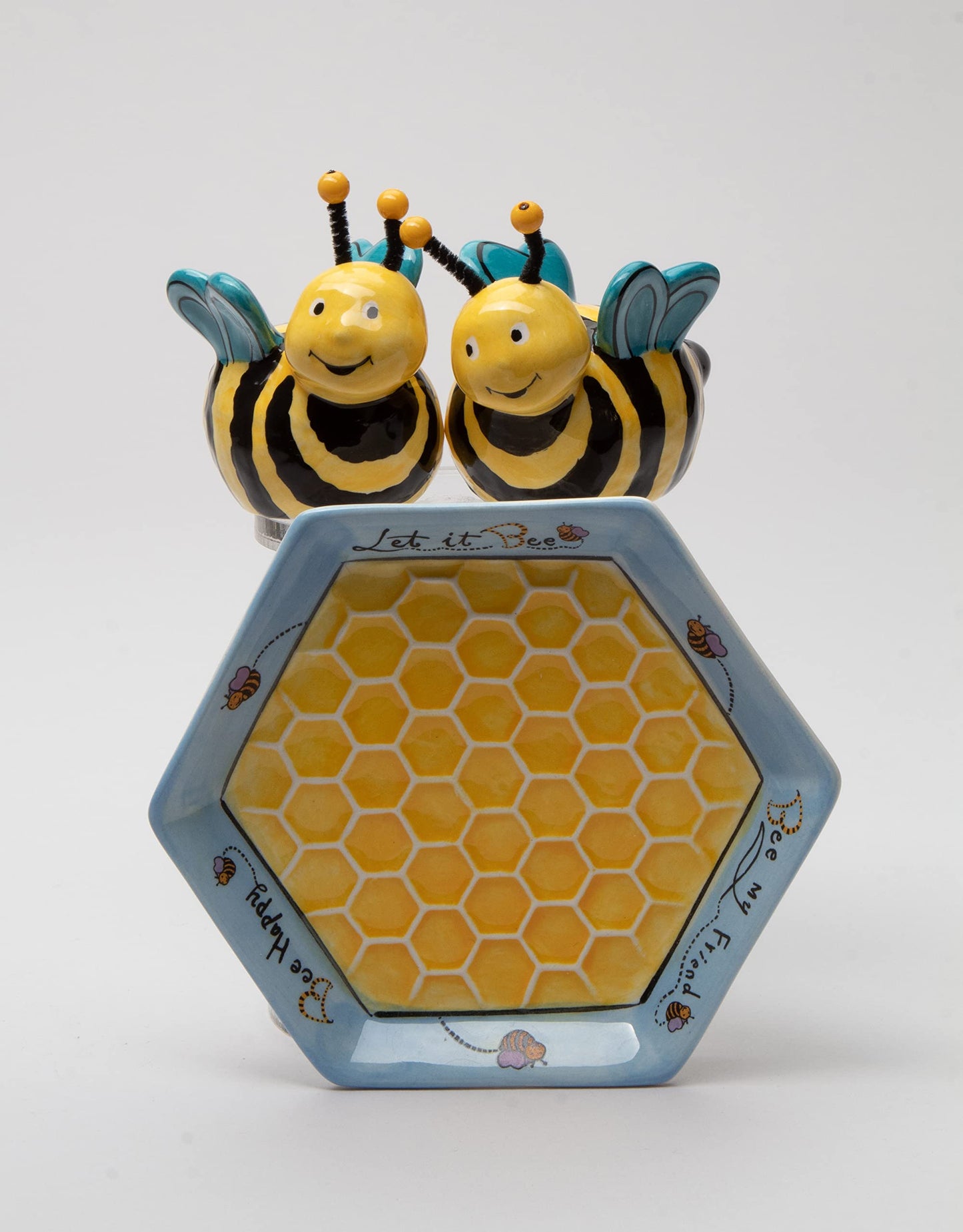Appletree 2-Inch Ceramic Bee Salt and Pepper with Honeycombed Tray, Yellow