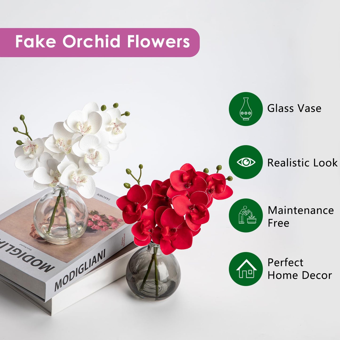 Oairse Red Orchids Artificial Flowers Faux Orchid Arrangement with Clear Glass Vase Set of 2 Real Touch Phalaenopsis Orchid Flowers Orchid Centerpiece for Dining Room Table