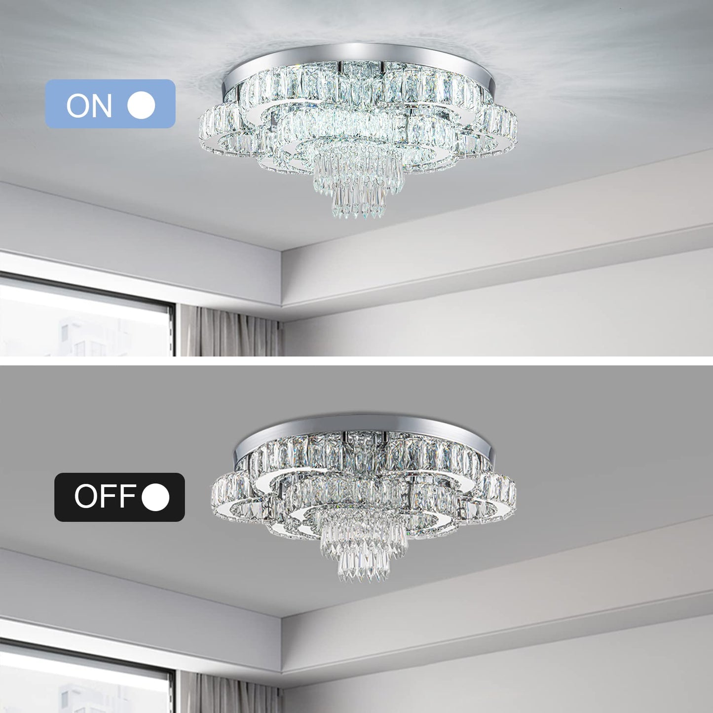 HongnuoFc 21 Inch Crystal Chandelier LED Flush Mount Ceiling Light Fixtures Luxury Chandeliers for Living Room Bathroom Bedroom Entrance Dining Room(Cool White)