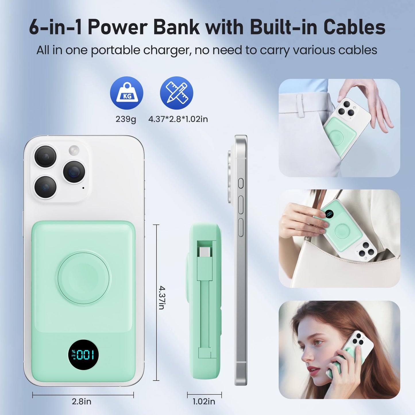 Magnetic Portable Charger for iPhone with Built-in Cables, 6-in-1 10800mAh Power Bank with iWatch Charger & LCD Display,25W PD Fast Charging Battery Pack for Magsafe,iPhone 16/15/14/13/12,Apple Watch