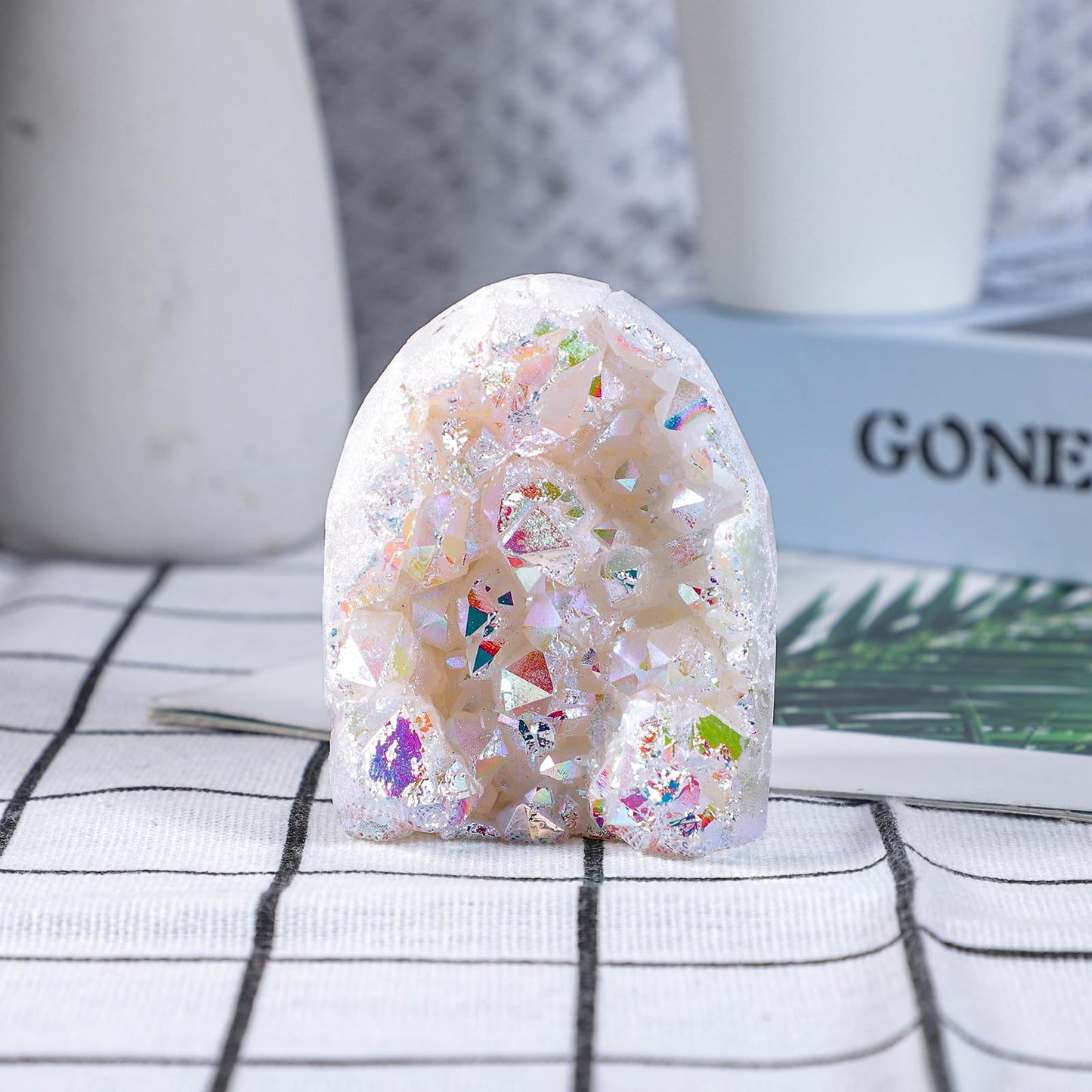 TUMBEELLUWA Angel Aura Quartz Crystal Cluster Geode, White Titanium Coated Crystals and Healing Stones for Home Decor, Meditation & Spiritual Growth