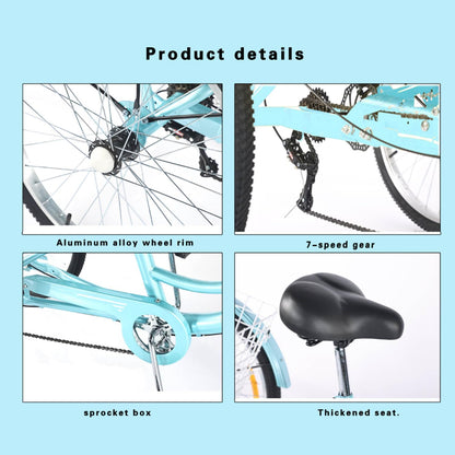 Adult Tricycle 7 Speed 24 Inch Trike, 3 Wheel Bikes Extended Rear wheelbase Trikes Wheel Bike with Rear Basket and Rear Seat, for Women,Men,Seniors,Maximum Load 550lbs (Blue)