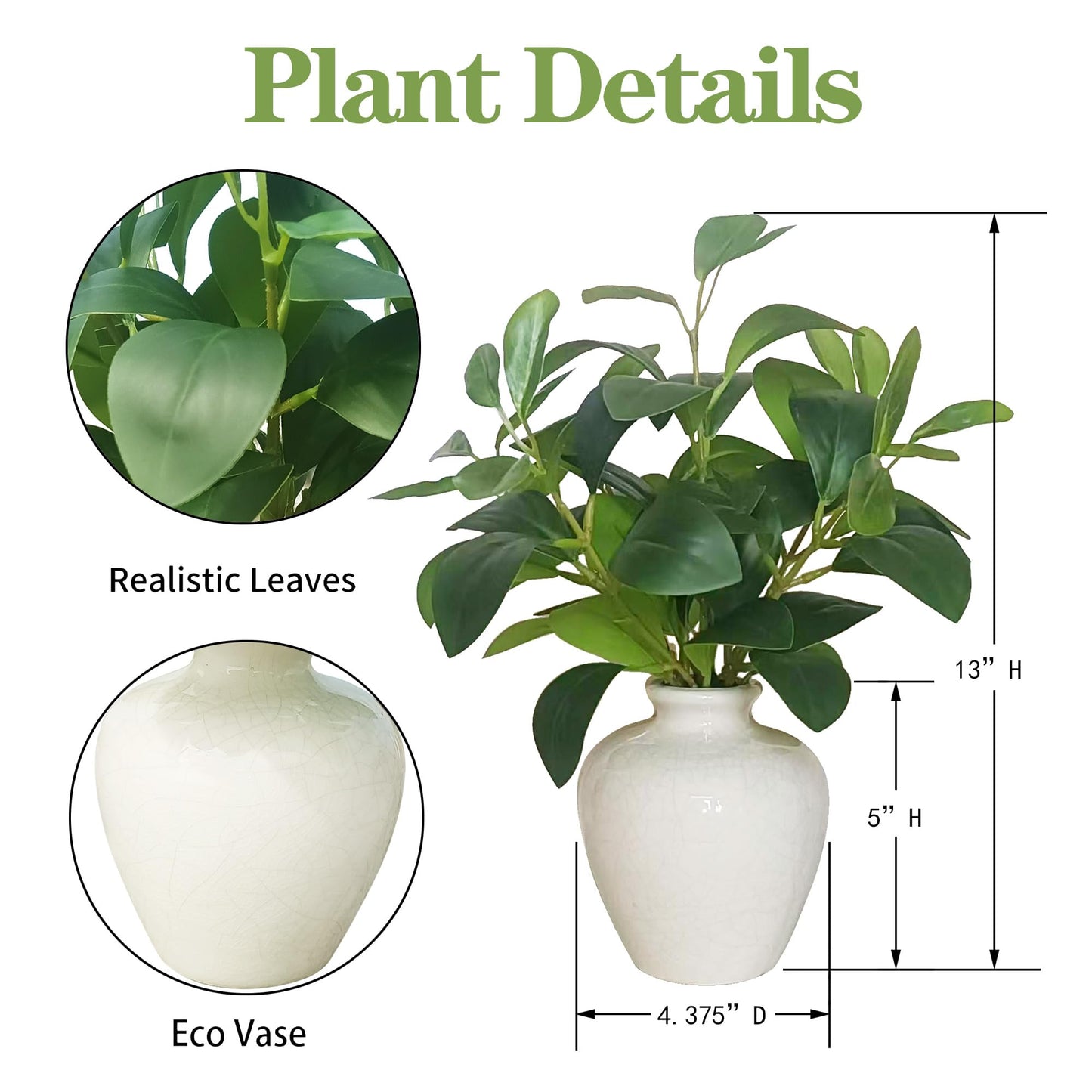 XINMAMODA 13-inch Artificial Pilea Leaves - Fake Green Plants in the Ceramic vase, Small Bedroom Faux Potted Plant, Suitable for Rustic Style bathrooms, Kitchens, desks as Decoration.