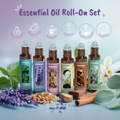 Essential Oils Roll On Gift Set, Natural Aromatherapy Oil Roller for Body, Skin, Massage - Lavender, Peppermint, Frankincense & Myrrh, Eucalyptus, Vanilla, Sandalwood, Gift for Women