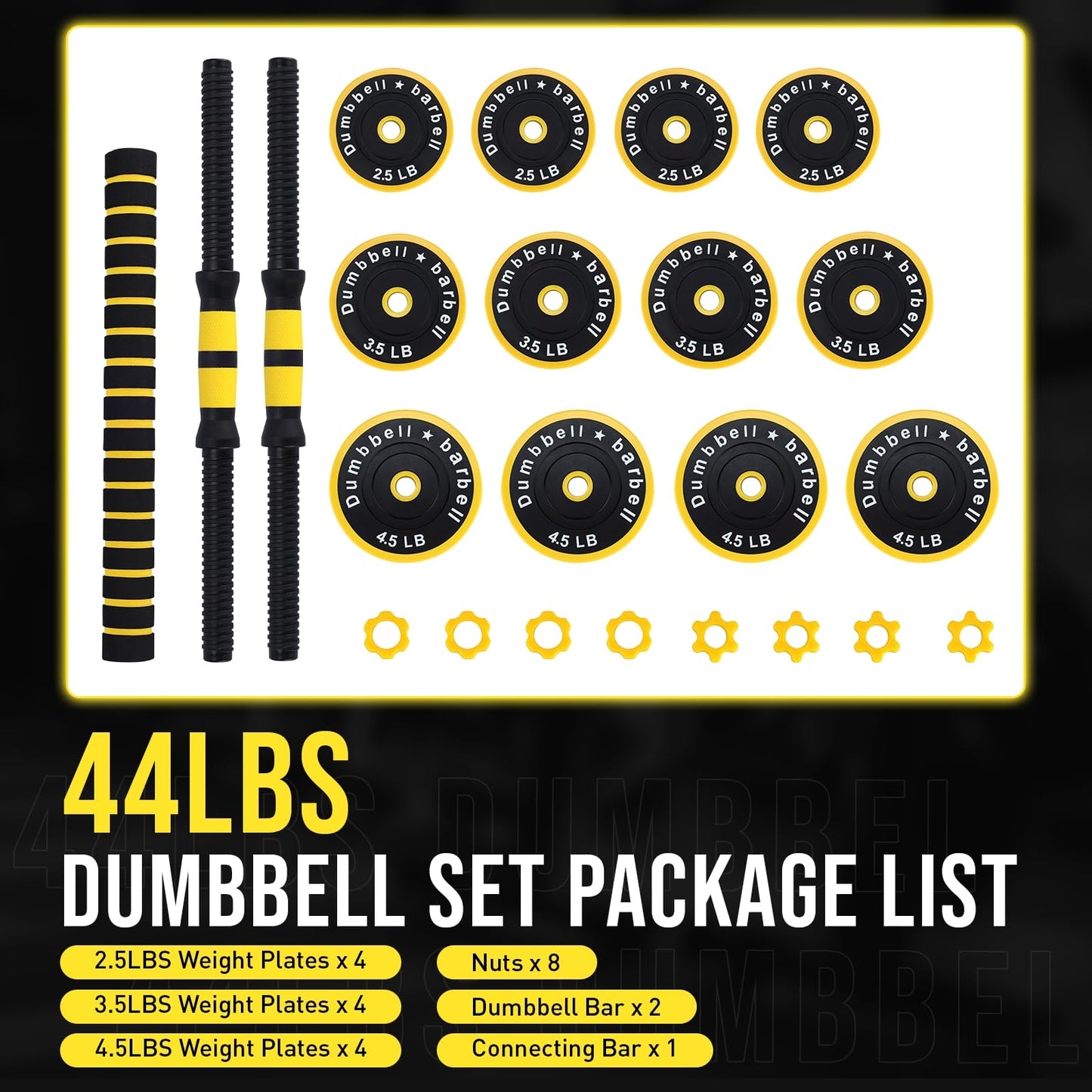 2-in-1 Adjustable Weight Set 44 Lb, Adjustable Weights with Foam Shoulder Connector Used As Dumbbell and Barbell Set, Yellow