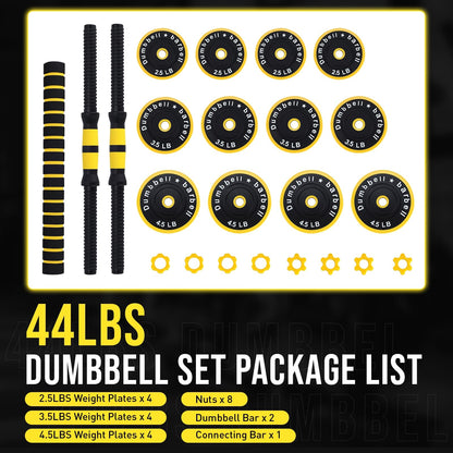 2-in-1 Adjustable Weight Set 44 Lb, Adjustable Weights with Foam Shoulder Connector Used As Dumbbell and Barbell Set, Yellow