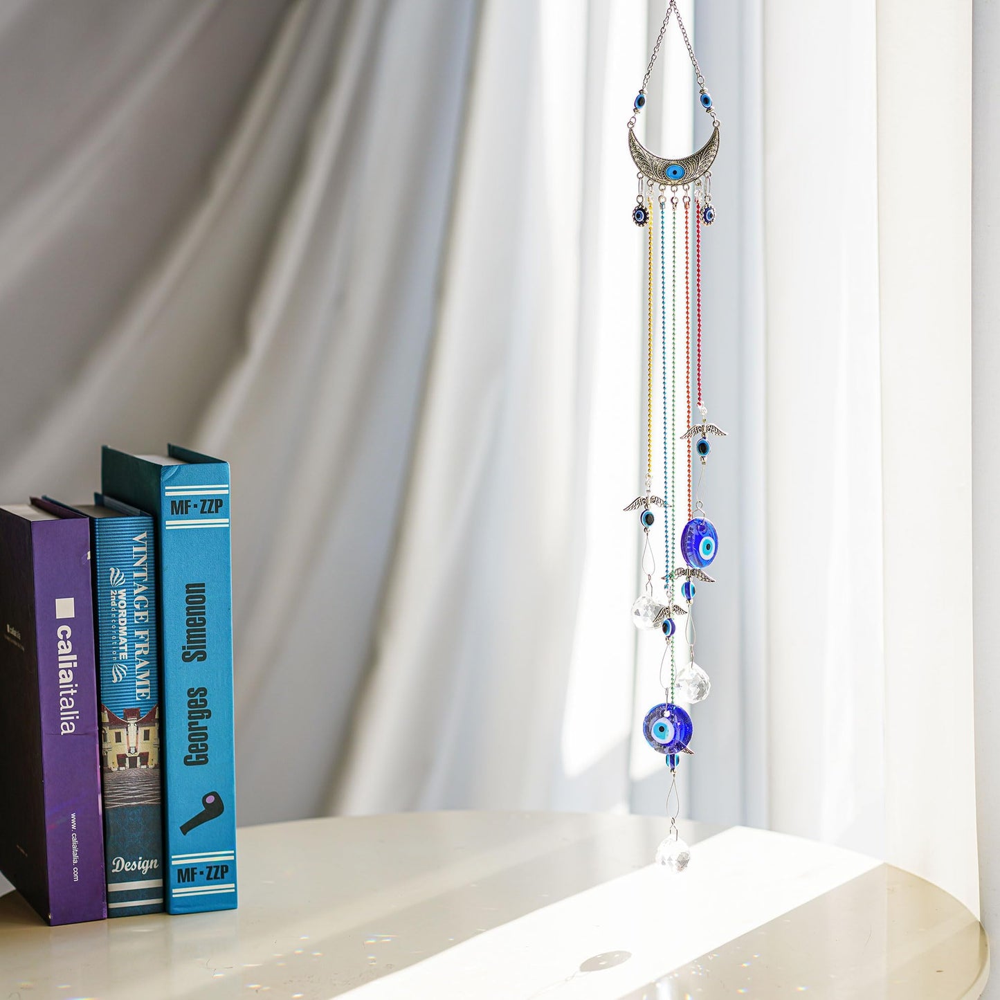 20 Inch Blue Evil Eye Hanging Crystal Suncatcher Ornament, Chakra Energy Crystal Ball Prism Pendant Rainbow Maker for Christmas Tree, Window & Home Decor Protection