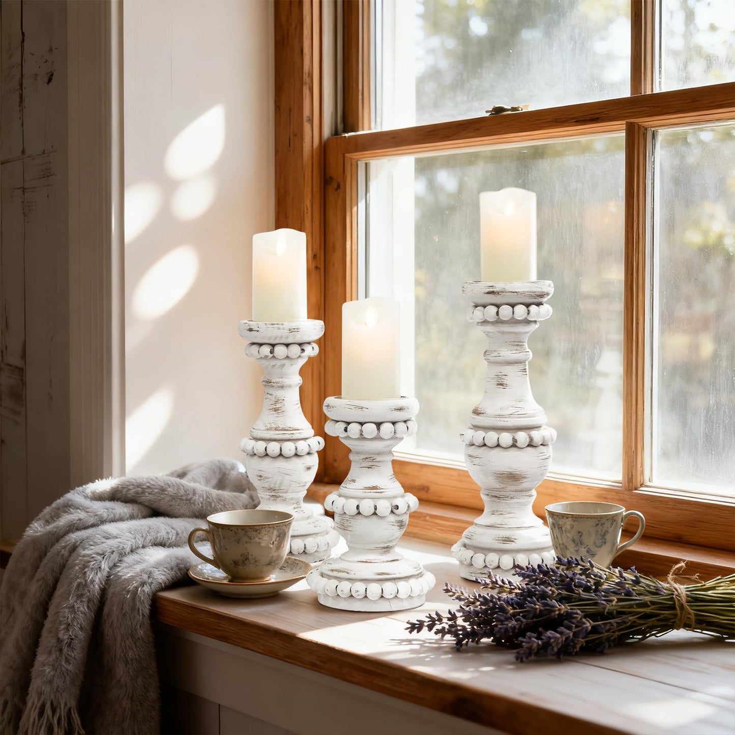 JUMBO DECOR Farmhouse Large Candle Holders for Pillar Candles, Rustic Wooden Beaded Candle Holder, Perfect for Table Centerpieces, Coffee Table or Fireplace Mantel, 3 Piece Set (White)