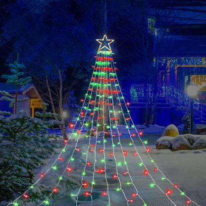 MINIAO Christmas Decorations Star String Lights, 320 LED Waterfall Tree Lights with 13" Topper Star 8 Lighting Modes Indoor Outdoor Decorative for New Year, Holiday, Wedding, Party