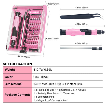 VCELINK Precision Screwdriver Set, 45 in 1 Magnetic Mini Screwdriver Kit, Tweezers & Extension Shaft for Toy, Phone, Tablet, Game Console Repairing, Pink Small Screw Driver Set Gift for Women