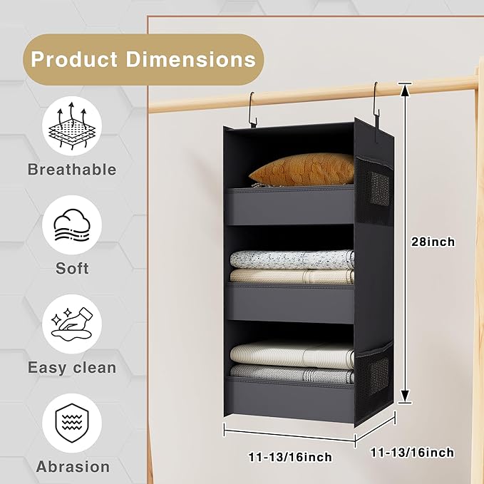 3-Shelf Hanging Closet Organizer and Storage, Foldable Hanging Closet Shelves