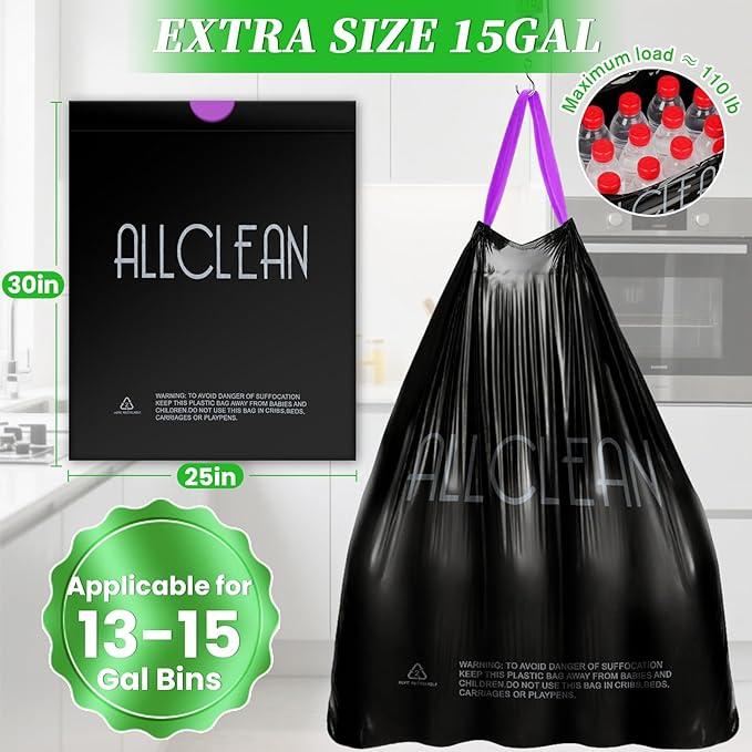 Trash Bags 15 Gallon Tall Kitchen Drawstring Garbage Bags, Fit 13-15 Gal Bins