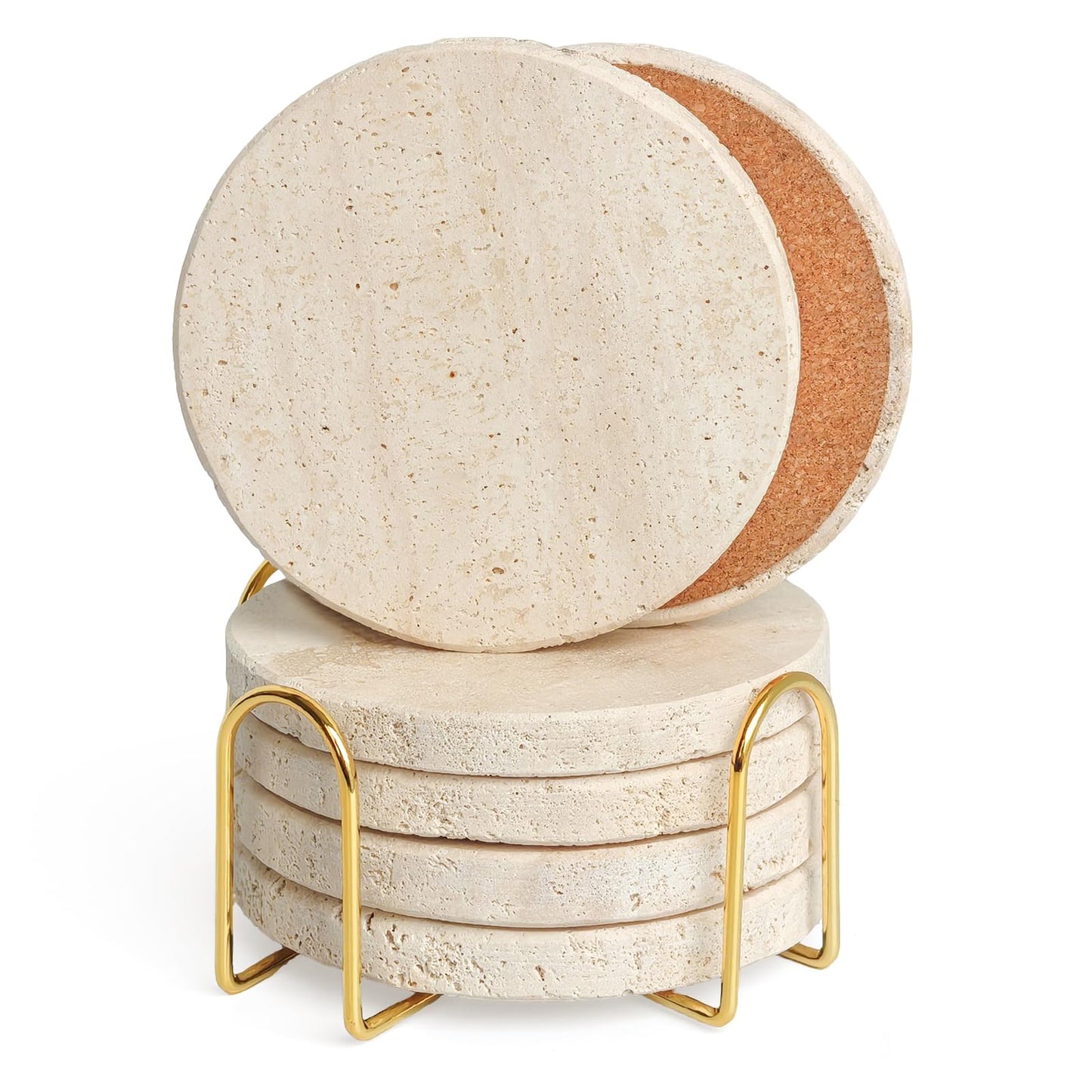 Dhfsleo Natural Travertine Marble Coasters Set of 6, Round 4 inch Stone Drink Coasters, Non-Slip Cork Backing, Festival Gifts, Wedding, Protect Tables from Stains & Scratches.