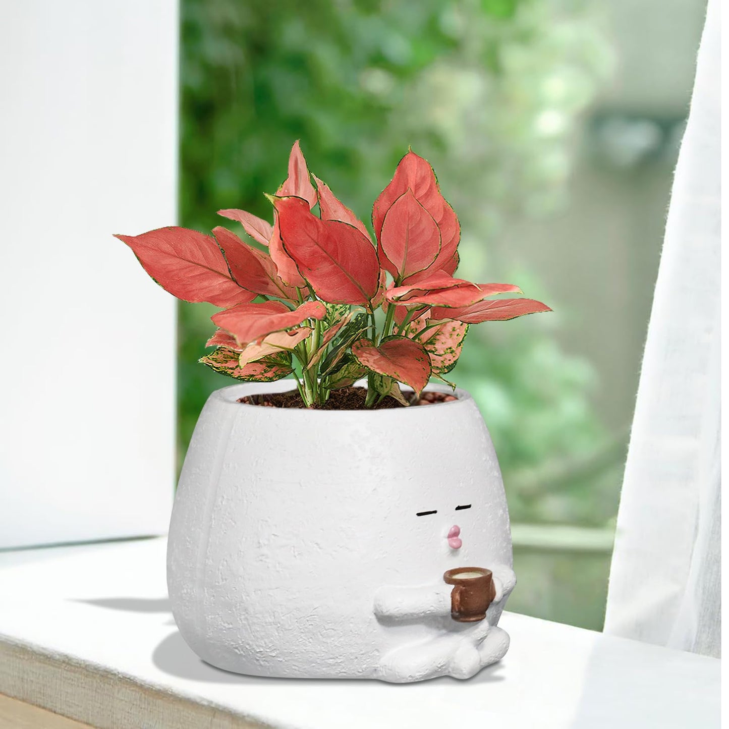 Toparad Smily Face Planter Pot with Coffee Cup Cute Resin Flower Head Planters for Indoor Outdoor Unique Sit Succulent Pots with Drainage Hole Gift IdeaI for Mother Christmas (White)