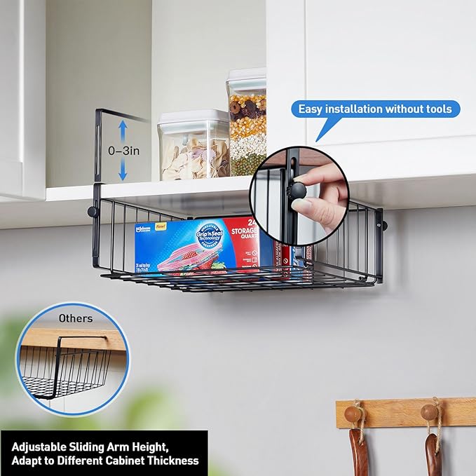 2 Pack Hanging Under Shelf Storage Basket, Adjustable Under Cabinet Add-on