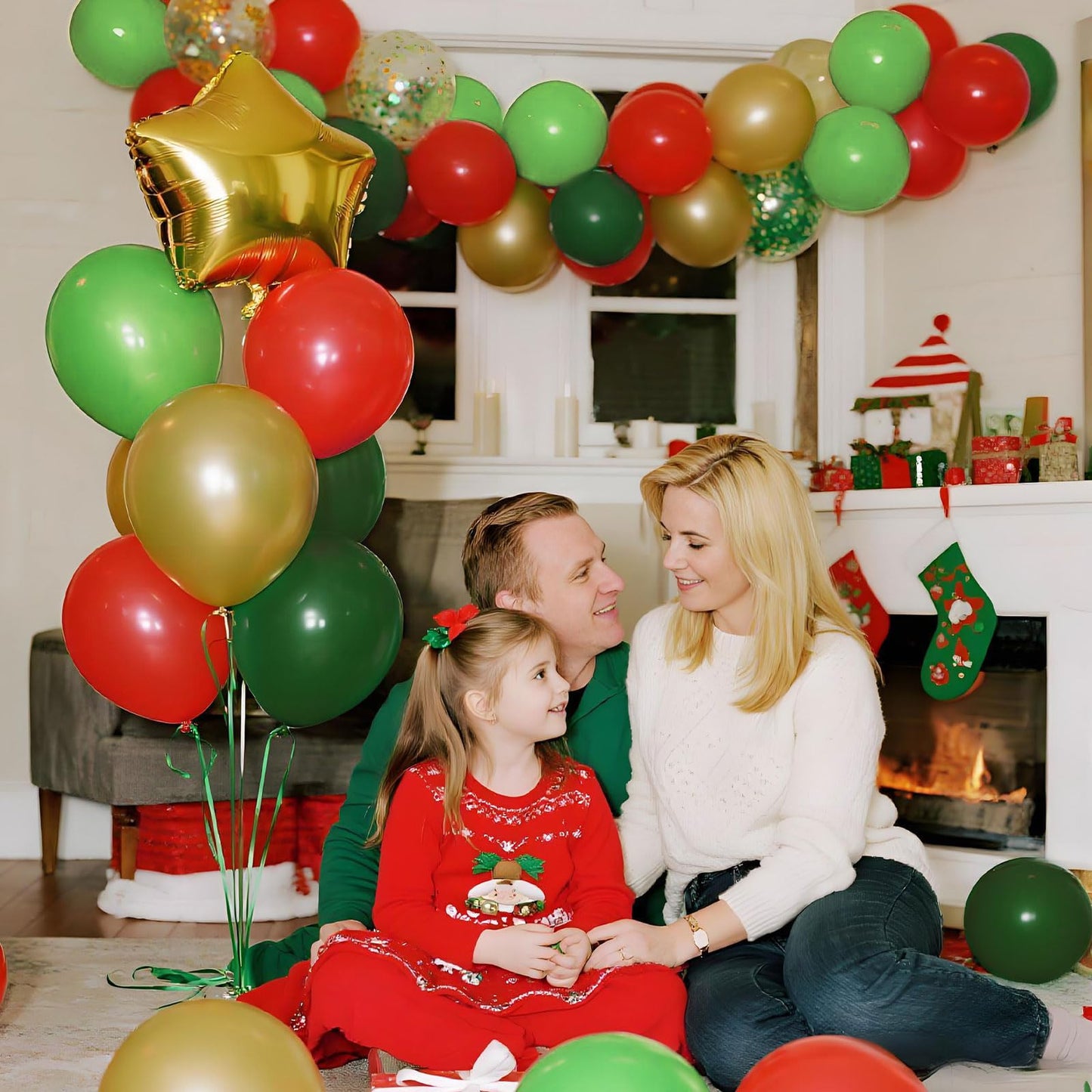 Patimate Red Green Christmas Balloons Set, 50 pcs 12 inch Metallic Gold Lime Forest Green Red Gold Confetti Latex Balloons Kit for Christmas Grinch Birthday Baby Shower Party Decorations