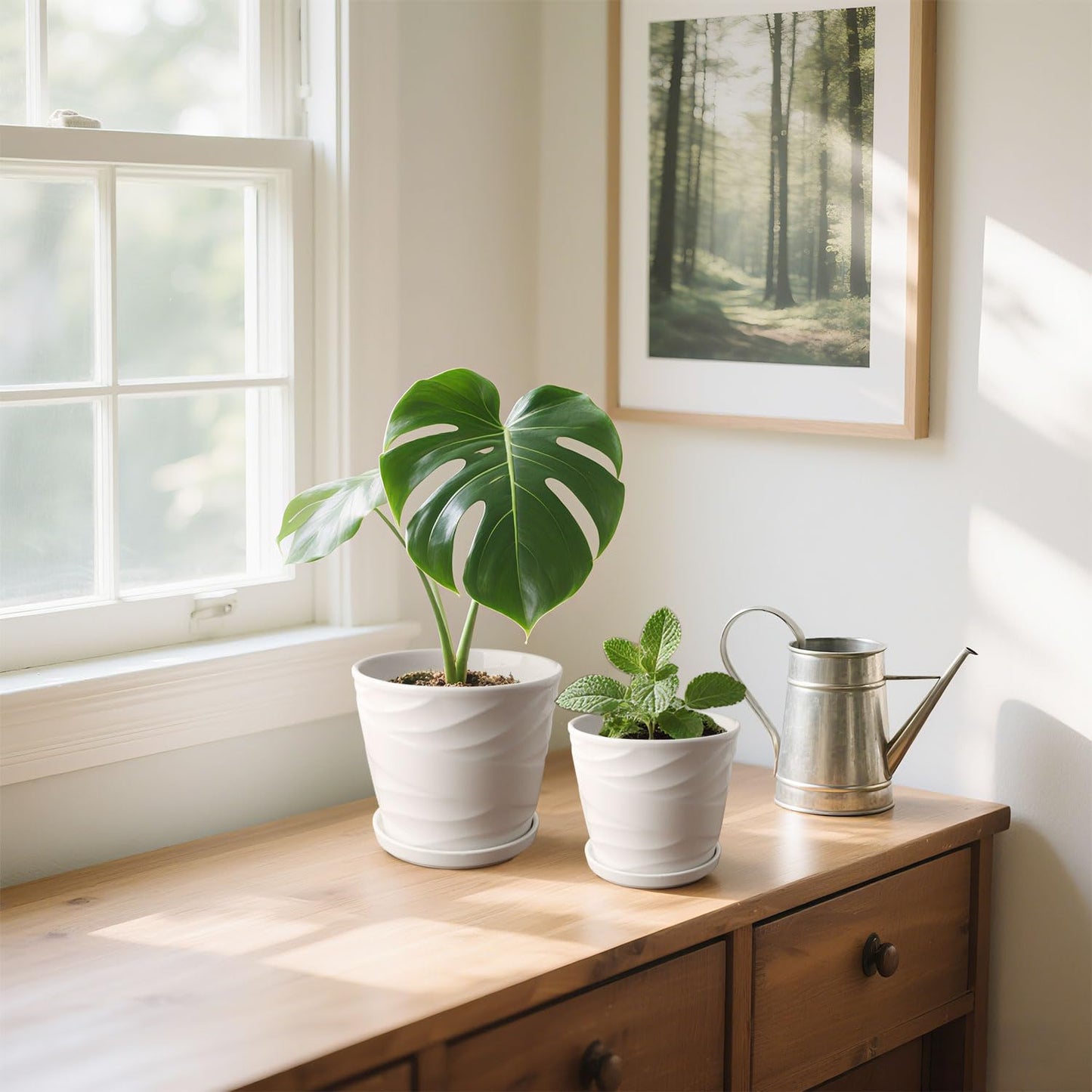 YUFDA 6.7 + 5.5 Inch Plant Pot, Ceramic Planter with Drainage and Saucer,Ceramic Pots for Plants, Indoor Plant pots,Succulent Orchid Flower Pot(Pure White)