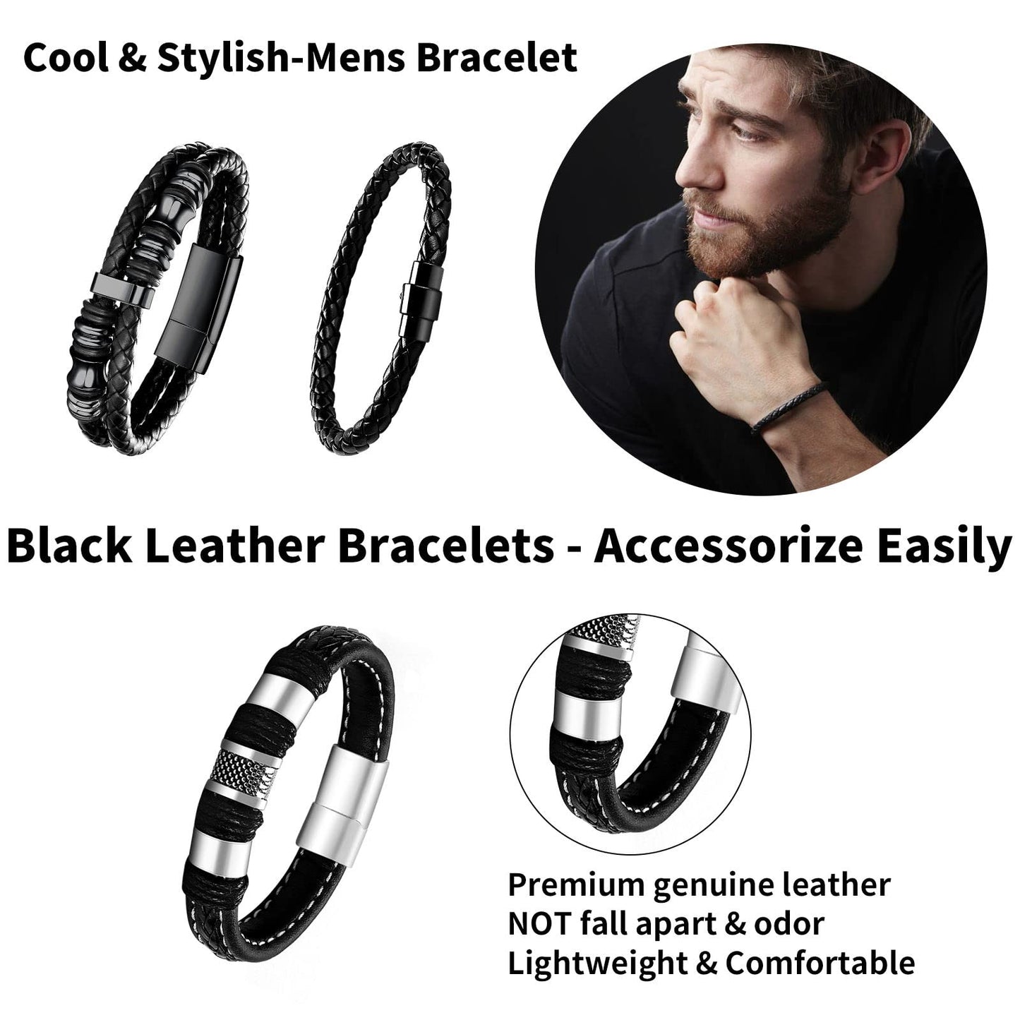 LOWNOUR Black Leather Bracelets for Men Women 5pcs Mens Bracelet Leather and Steel Braided Cuff Bracelets (7.5inch)