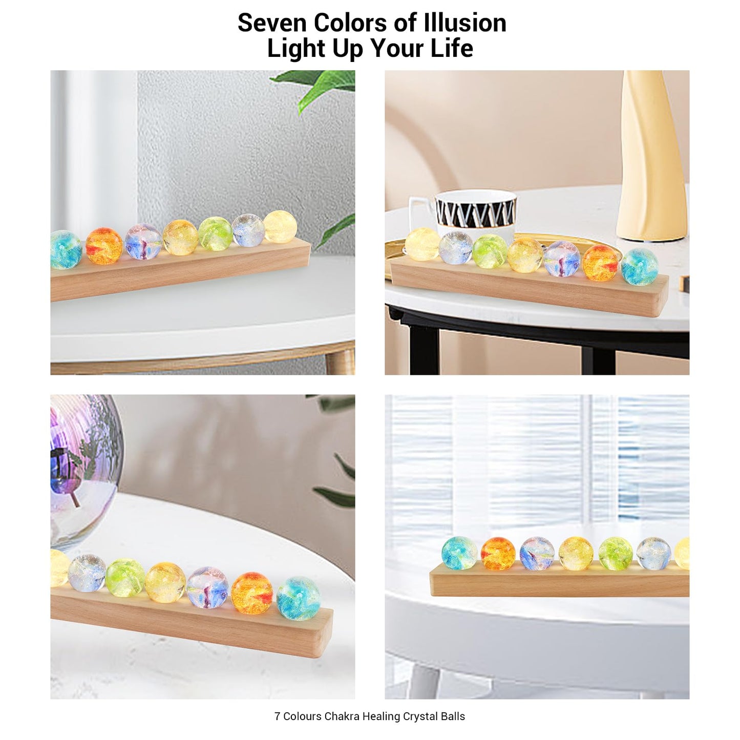 LOSCHEN 7 Chakra Natural Healing Spheres with LED Wooden Stand 40mm Crystal Quartz Stones for Meditation Energy Balancing Decor, Yoga Zen Home Office Desk Ornament