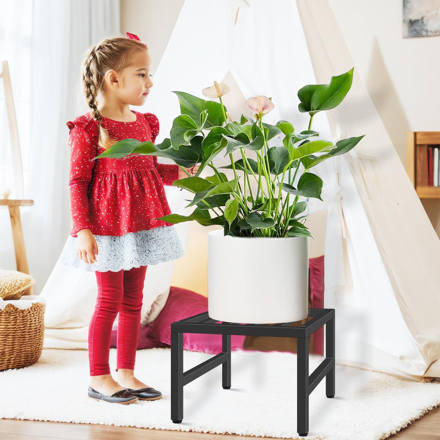 LLAXERGU Plant Stand Indoor Outdoor, Heavy Duty Wrought Iron Pedestal Stands Metal Plant Stand for Indoor Outdoor, Sturdy Low Flower Stand Display Planter Shelf, 2pcs, Black