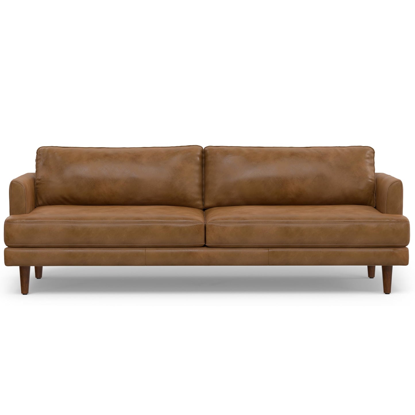 SIMPLIHOME Livingston Sofa - 90 inch Wide Top Grain Genuine Leather Sofa in Caramel Brown, Mid-Century Modern 3-Seater Couch for Living Room with Feather-Wrapped Cushions and Solid Wood Frame