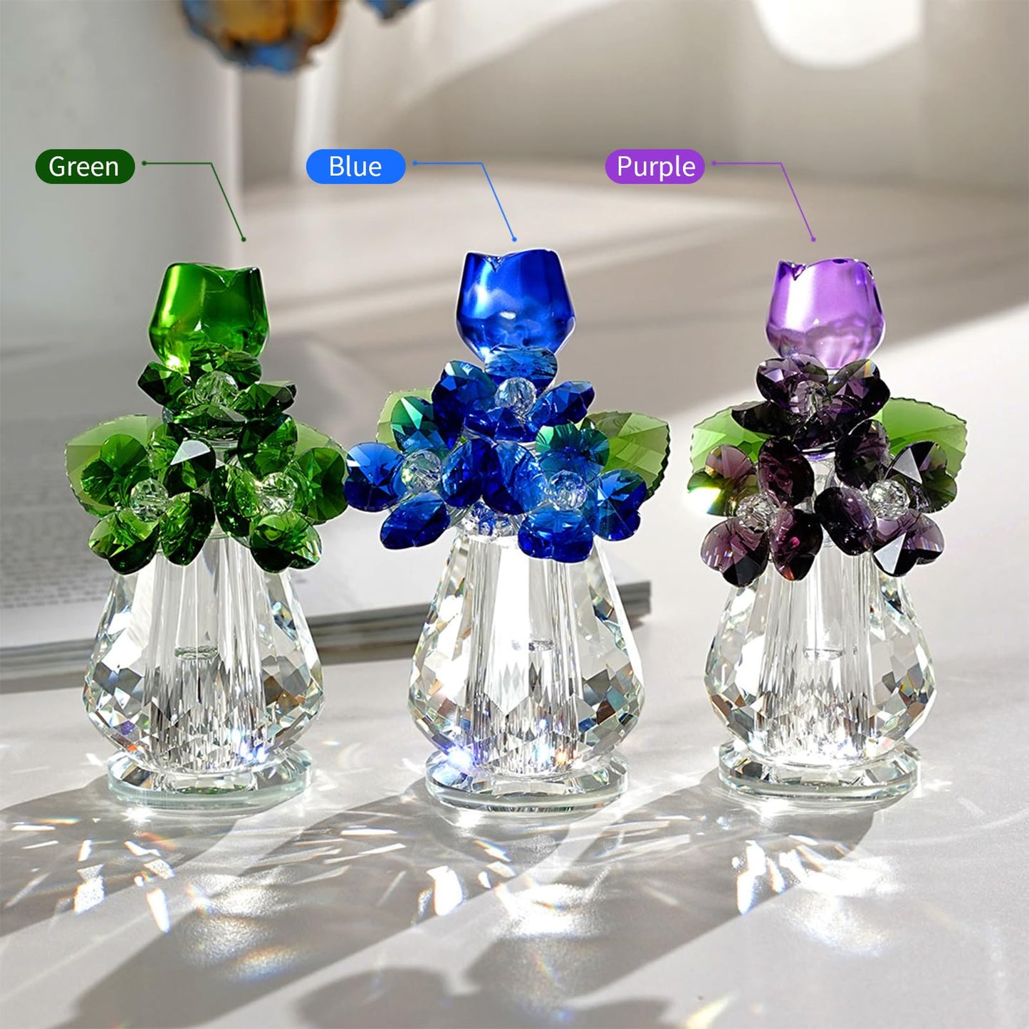 Decorative Crystal Glass Flower Sculpture - Rose & Clover Bouquet, Symbol of Love & Luck, Ornament for Home, Display Cabinet & Window Sill Decor, Gifts for Garden Enthusiasts (Purple)