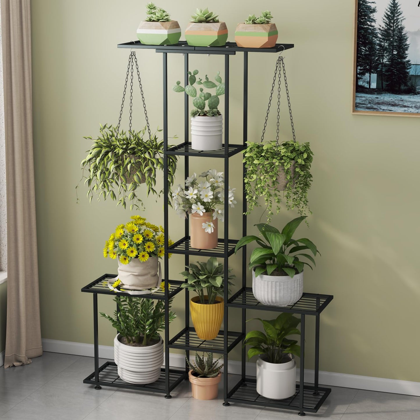 YUJCHMTZN Plant Stand Indoor Outdoor, Metal 6 Tier Tall Hanging Plant Shelf for Multiple Flower Planter Large Heavy Duty Ladder Plant Holder for Garden, Black (y-201)