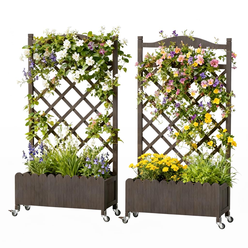 COMHOMA 2 Pack Raised Garden Bed with Trellis and Wheels,48Inch Elevated Planter Box with Drainage Holes,Lattice Privacy Screen for Climbing Plants Vegetables,Outdoor for Patio Balcony Yard,Brown