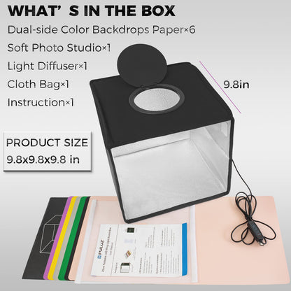 PULUZ 9.8 inch/ 25CM Light Box Portable Photo Box Booth with 10 Levels of Adjustable Brightness, High Definition LED Ring Light with 96 Beads and 12 Coloured Backdrops for Product Photography