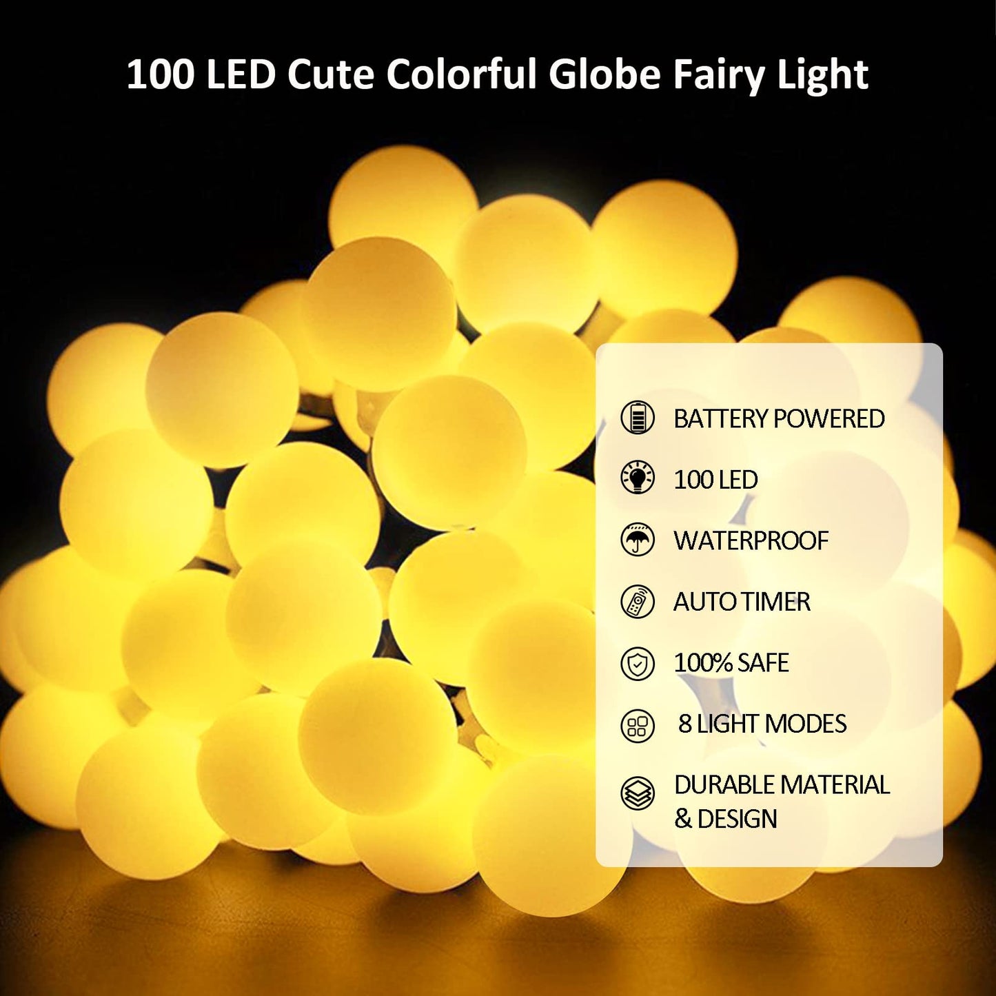 12 M 100 LED Fairy Lights Battery Operated Christmas Lights Indoor Outdoor Waterproof Globe String Lights with Remote Timer 8 Modes for Bedroom Outside Tree Garden Patio Party Decorations Warm White