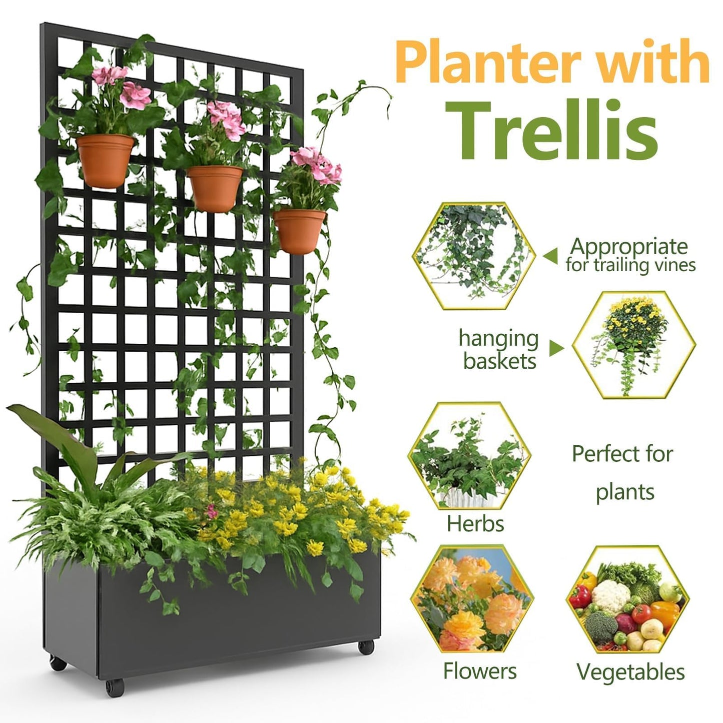 GAOMON Metal Planter Box with Square Lattice Trellis & Wheels, Raised Garden Bed w/Privacy Screen & Drainage Hole for Climbing Plants, Flower & Vine (72 in x35 in Black)