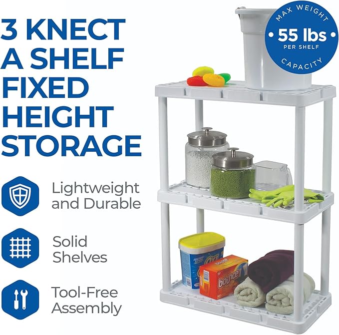 Gracious Living 3 Pack Light Duty Storage Shelves, Knect-A-Shelf 3-Shelf Ventilated Shelving Rack Organizer for Home, Garage, Basement, Laundry, White
