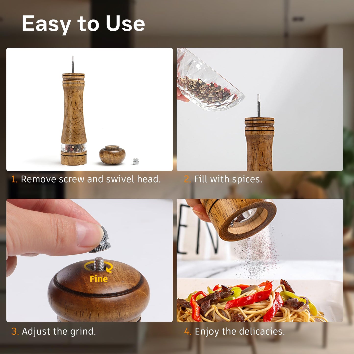 M JINGMEI Wood Salt and Pepper Grinder, Salt Grinder and Pepper Mill, Oak Wood Shakers with Adjustable Ceramic Grinders - 8 inches, 1 Pack