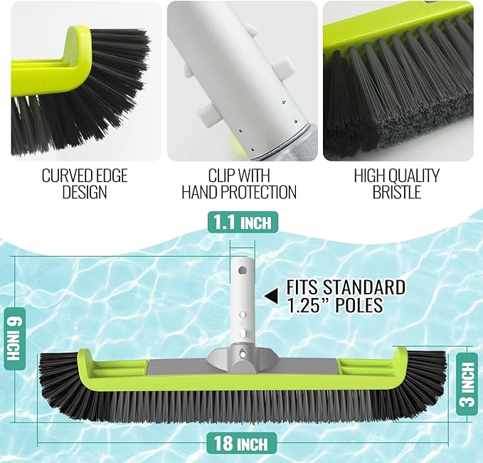 18" Pool Brush Head for Cleaning Swimming Pool Walls, Curved Ends