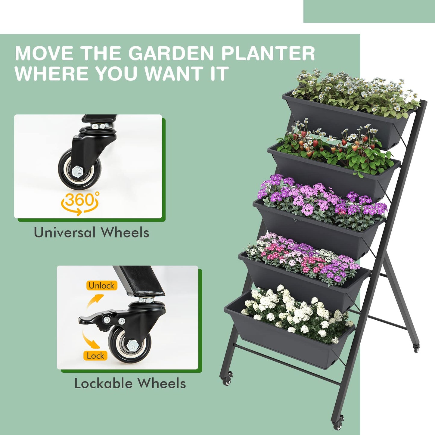 S AFSTAR 5-Tier Vertical Garden Planter, Raised Garden Bed with 2 Lockable Wheels, 7 Removable Planter Boxes, Metal Frame, Indoor Outdoor Elevated Planting Box for Flower Vegetables Fruit Herbs