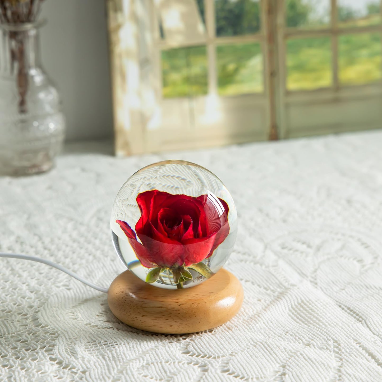DEALFUN Real Flower Crystal Ball Night Light, Preserved Botanical Resin Sphere with Warm LED Wooden Base, Artistic Floral Lamp, Aesthetic Decor, Eternal Flower Gift for Women, Mom, Her (Rose)