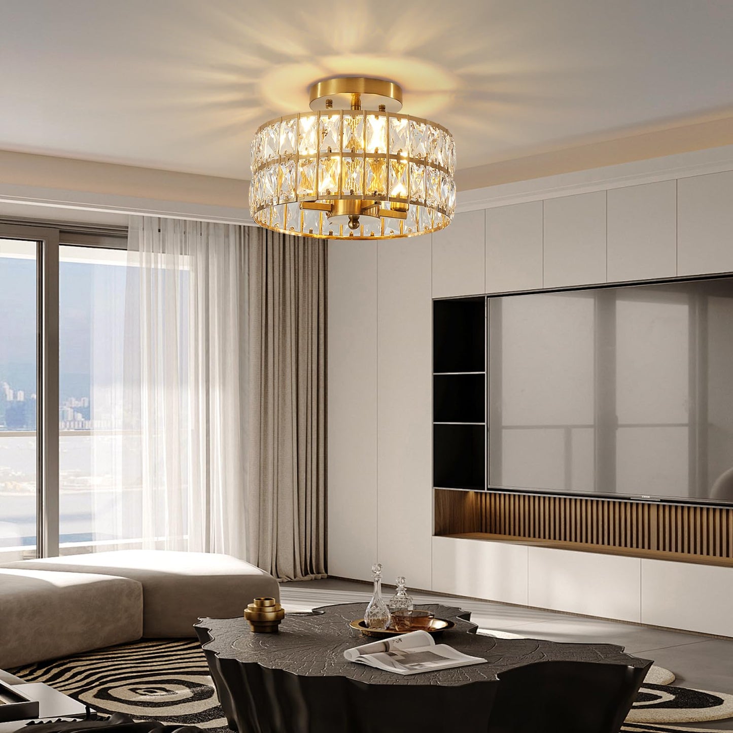 SeeU Modern Crystal Ceiling Light Fixture Brass Semi Flush Mount Ceiling Light Chandelier 4 Heads Crystal Chandelier