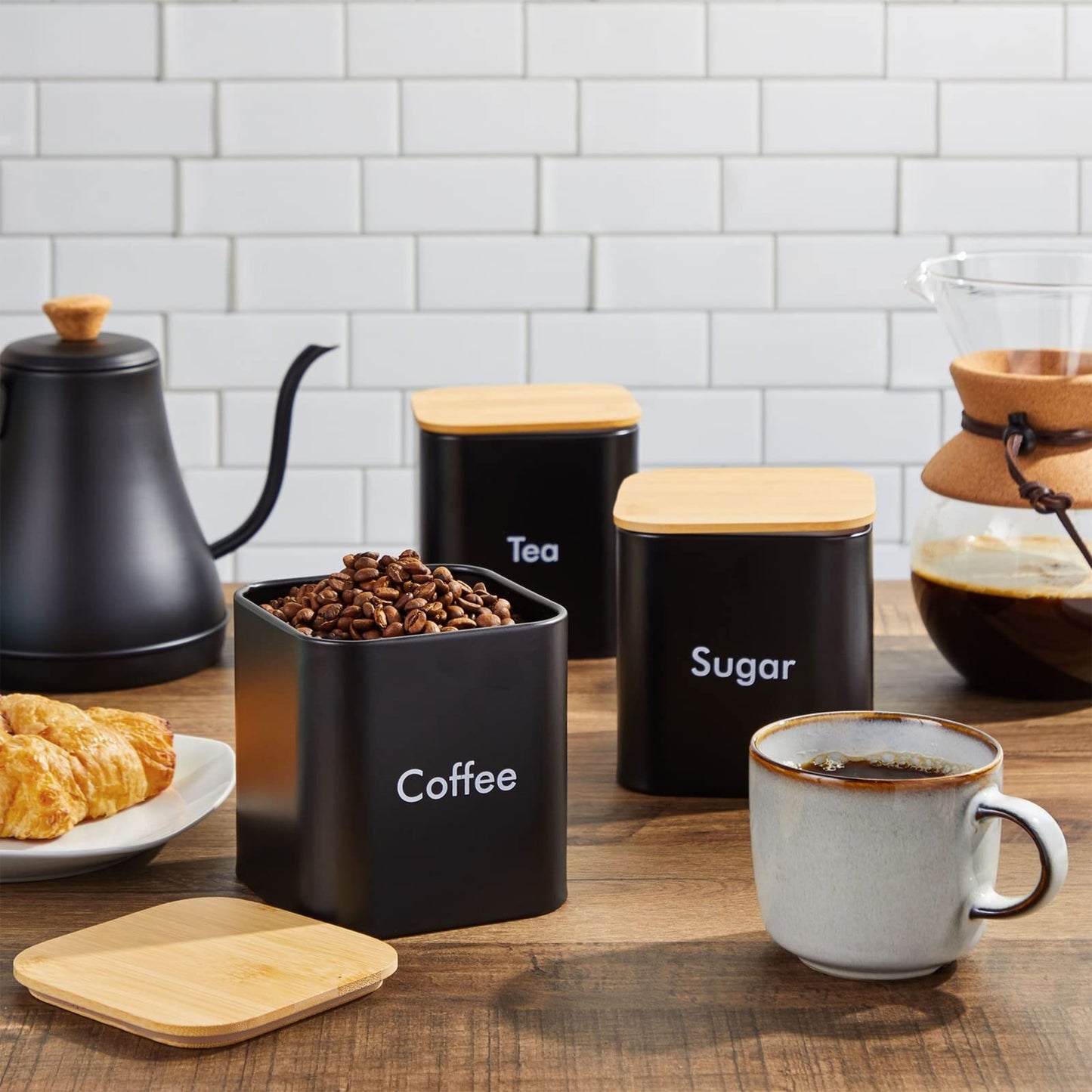 Juvale Coffee Tea Sugar Container Set - Black Iron Square, 3 Pack, 48 oz Each - Coffee Bean Storage & Sugar Storage - Countertop Kitchen Canisters with Tight Seal Lids