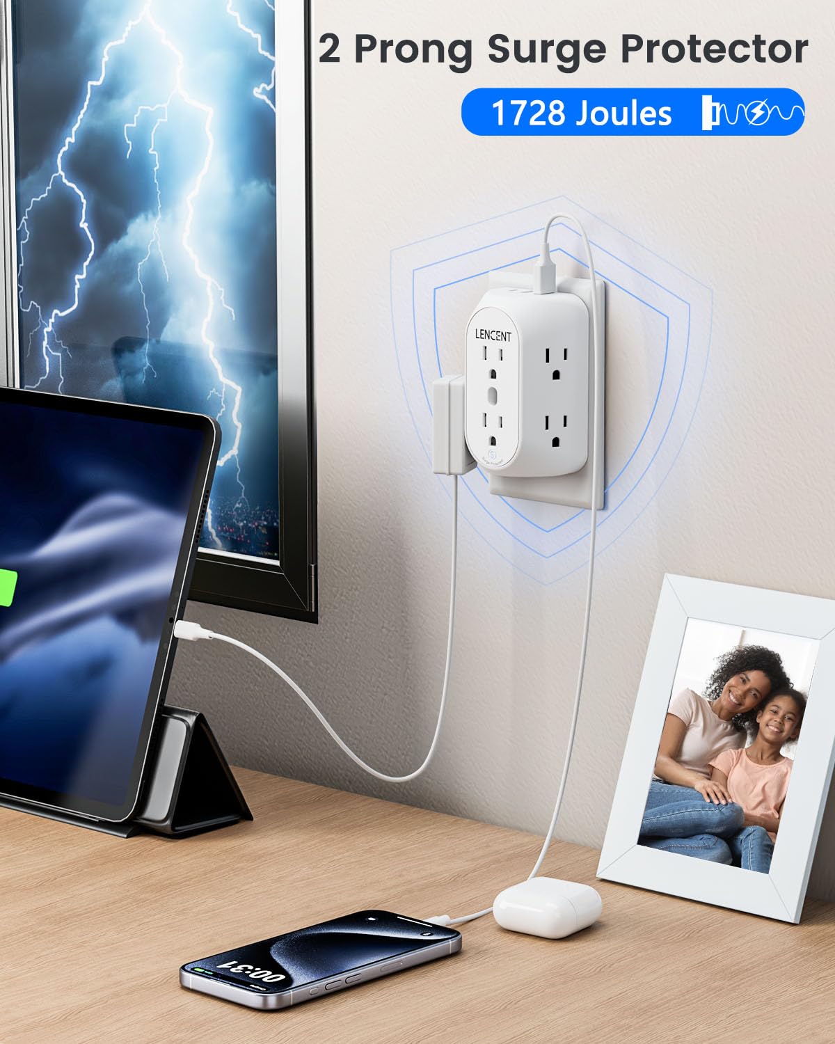 LENCENT 2 Prong Power Strip, 3 to 2 Prong Grounding Outlet Adapter 6 Outlet 1 Type C&2 USB 3.4A, Polarized Plug, 1728J Surge Protector, 3-Sided Wide Spaced Extender,Wall Mount for Non-Grounded Outlet