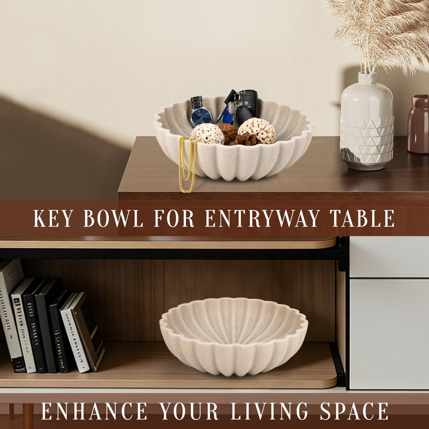 L'ARL GMVOI Large Decorative Bowl - Modern Handicraft Bowls for Home Decor - Fruit Bowl for Kitchen Counter - Key Bowl for Entryway Table - Ruffle Centerpiece Bowl Decor,Artificial Stone Beige