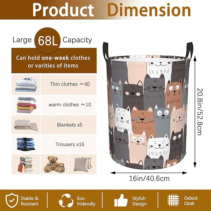 Cute Cat Laundry Basket, Waterproof Cats Laundry Hamper, Collapsible Organizer